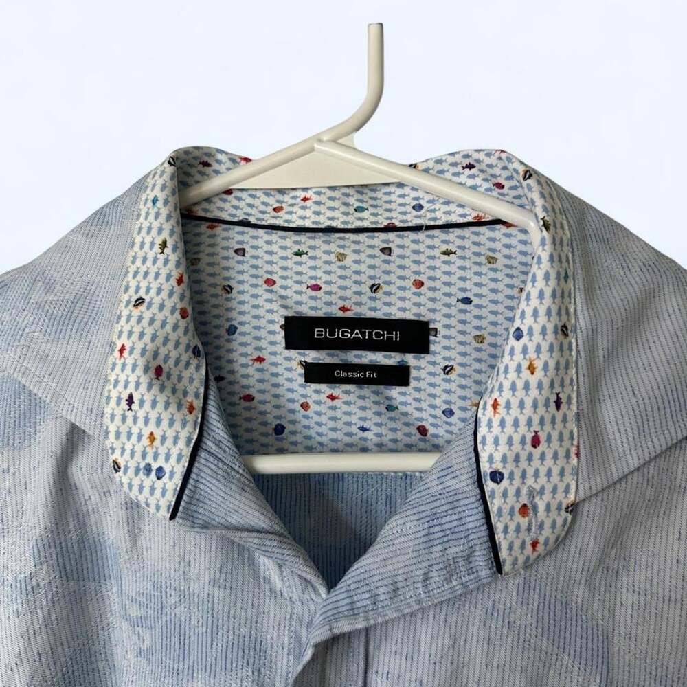 Bugatchi Blue Striped Jacquard Shirt with a Multicolor Fish Contrast Print Men’s